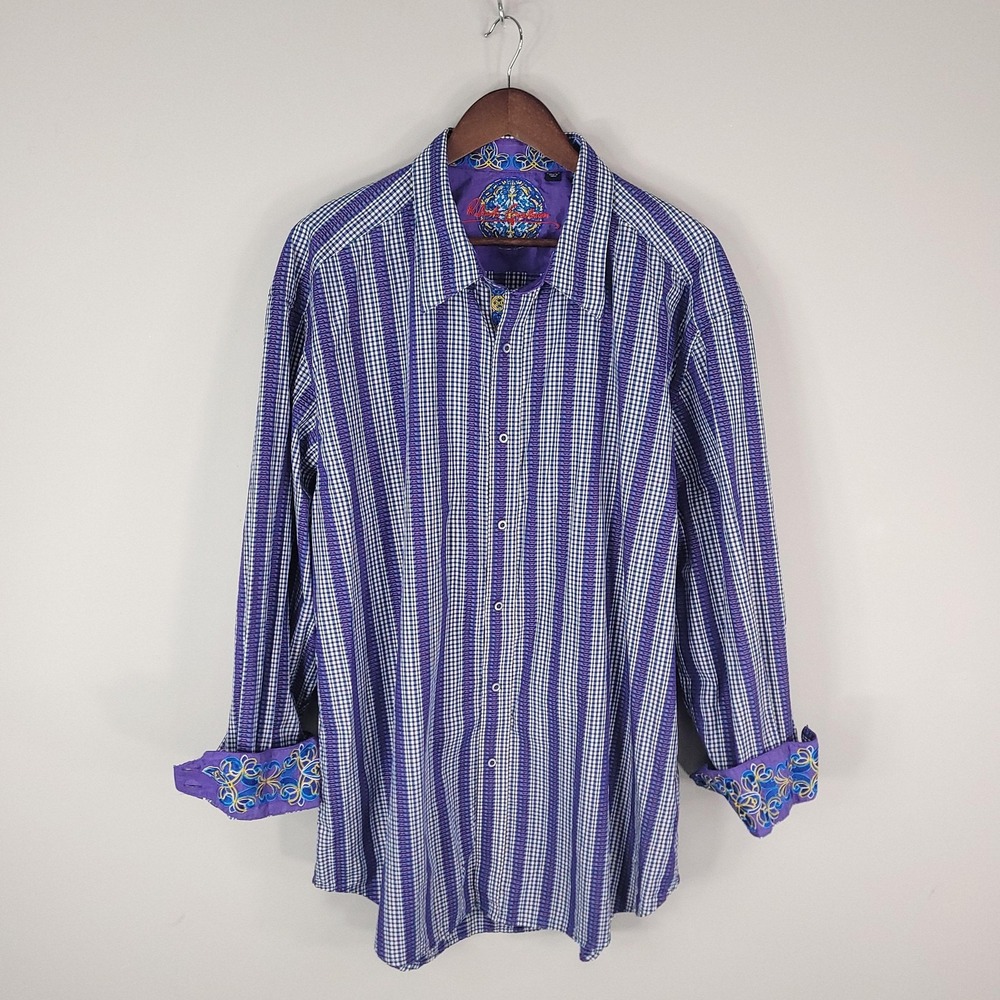 Robert Graham Shirt Mens 3XL Purple Blue Check Stripe Long Sleeve Contrast Cuff